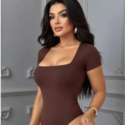 Body Suplex Feminino Decote Quadrado Manga Curta - Marrom, Tamanho Único