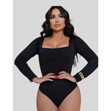 Body Feminino Manga Longa em Suplex com Decote Quadrado